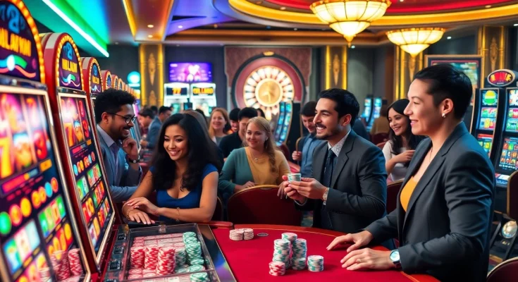 Players enjoying vibrant slot gacor machines at a luxurious casino, celebrating wins with poker chips.