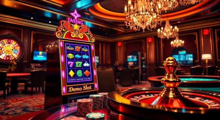 Engaging view of a demo slot machine in a luxurious casino setup with vibrant themes and gaming elements.