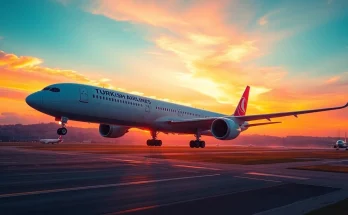 Turkish Airlines flight TK88 taking off from Istanbul Airport at sunset, exuding travel excitement.