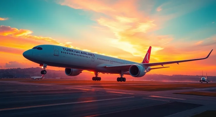 Turkish Airlines flight TK88 taking off from Istanbul Airport at sunset, exuding travel excitement.