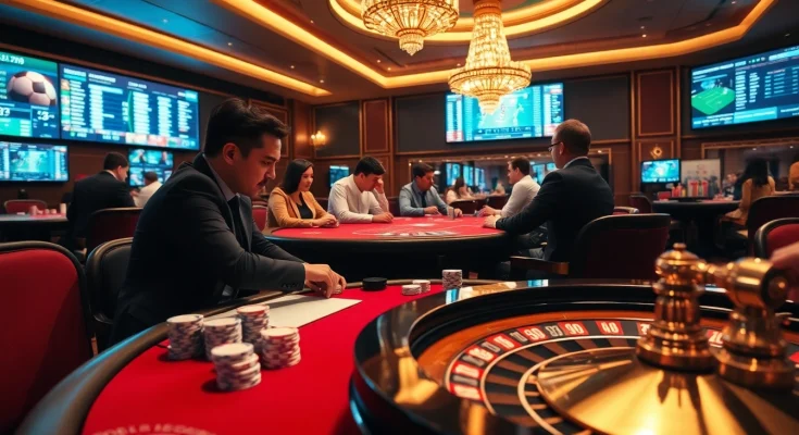 Kèo nhà cái displayed prominently on screens while players strategize at a luxurious casino table.