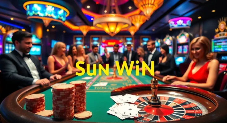 Players enjoying a poker game at a luxurious casino setting, embodying sun win excitement.