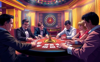 Players enjoying games at a situs toto table in a luxurious casino with vibrant lighting.