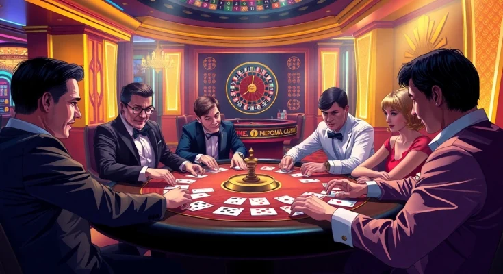 Players enjoying games at a situs toto table in a luxurious casino with vibrant lighting.