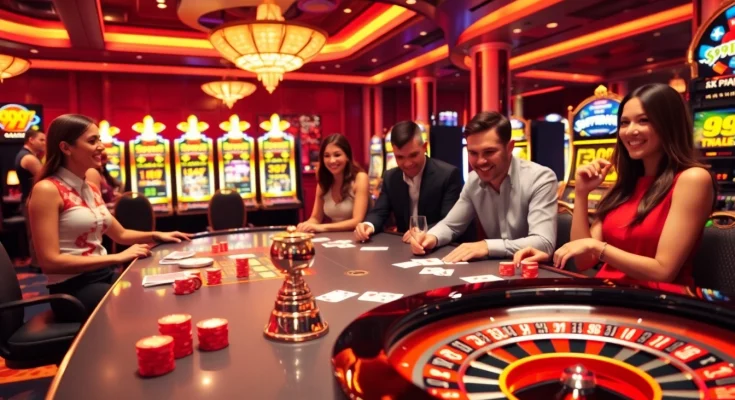 Exciting gaming scene at a luxury casino featuring 999BET poker tables and slot machines.