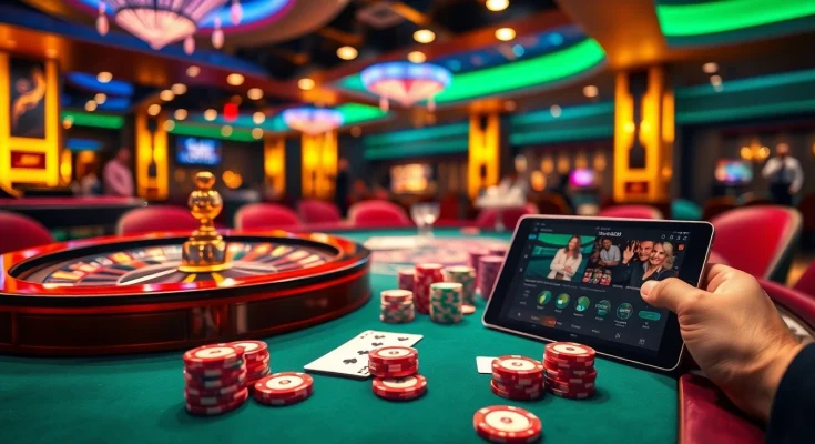 hello88 casino players strategizing over a vibrant gaming table with roulette and cards.