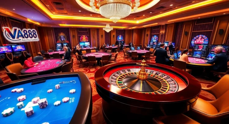 VA88 players excitedly engage with roulette and poker in a luxurious casino setting.