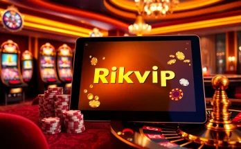 Engaging scene of Rikvip online game setup with poker chips and slot machines in a luxurious casino.