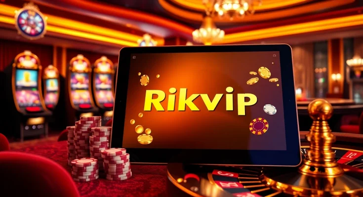 Engaging scene of Rikvip online game setup with poker chips and slot machines in a luxurious casino.