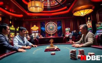 A lively casino scene with players at a poker table and HDBET-themed slot machines.