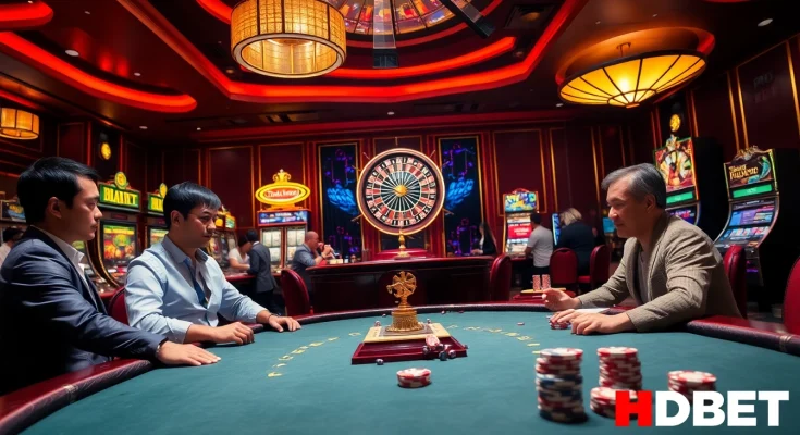 A lively casino scene with players at a poker table and HDBET-themed slot machines.