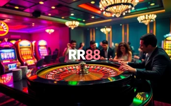 Exciting casino environment at RR88 with roulette wheel, players, and vibrant ambiance.
