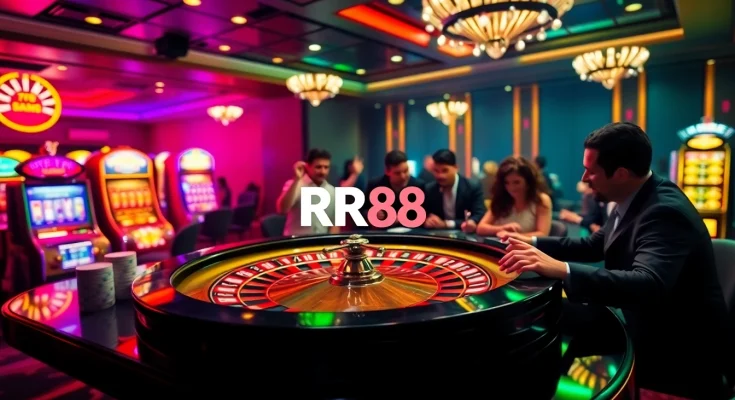 Exciting casino environment at RR88 with roulette wheel, players, and vibrant ambiance.