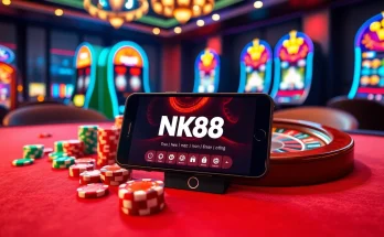NK88 app displayed on a smartphone amidst a luxurious casino setting with poker chips and roulette wheel.