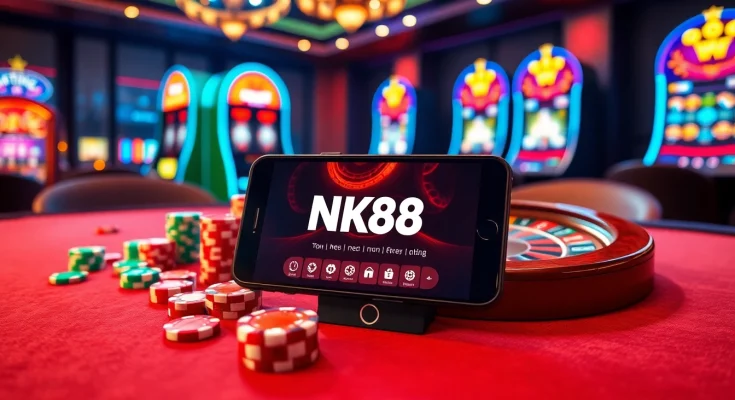 NK88 app displayed on a smartphone amidst a luxurious casino setting with poker chips and roulette wheel.