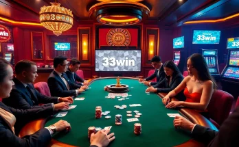 Players engaged in a high-stakes poker game at 33win, showcasing excitement and strategy.