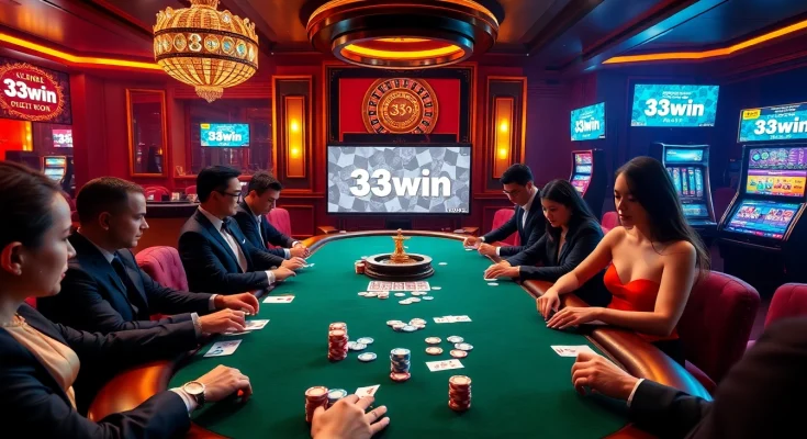 Players engaged in a high-stakes poker game at 33win, showcasing excitement and strategy.