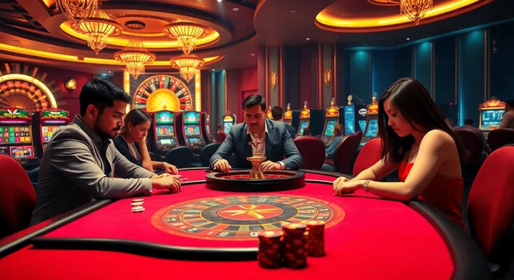 Para pemain merencanakan strategi di meja kasino, tenggelam dalam kegembiraan taruhan datukwin.