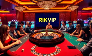 Excited players enjoying top games at RIKVIP casino with vibrant poker chips and roulette.