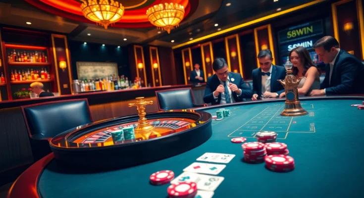 Exciting casino scene showcasing 58WIN poker night with vibrant chips and cards.