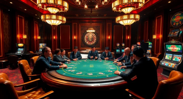 Experience high-stakes thrills at Vaoluoitv's luxurious casino poker table with vibrant decor.