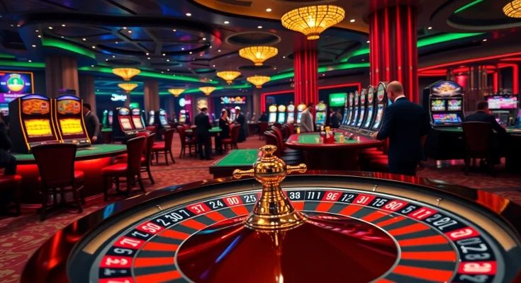 Experience excitement at uu88 casino with vibrant gaming tables, dealers, and colorful chips in a luxurious setting.