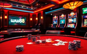Experience the excitement of ww88 with luxurious casino elements like poker chips and a glowing roulette wheel.