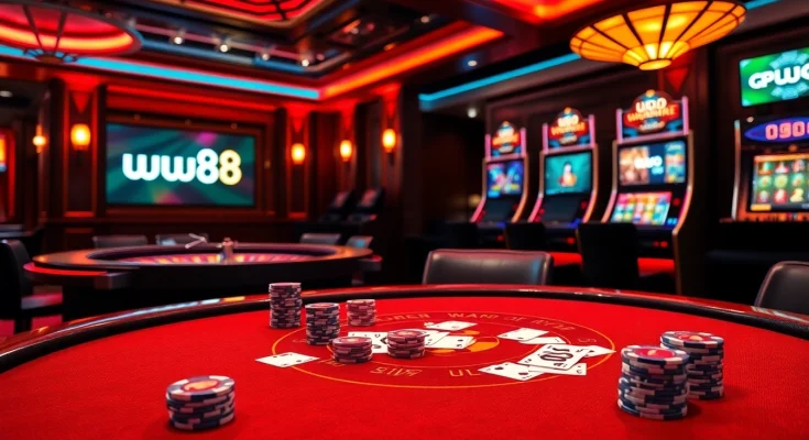 Experience the excitement of ww88 with luxurious casino elements like poker chips and a glowing roulette wheel.