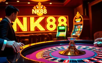 NK88 players enjoying a lively roulette game amidst stacks of colorful chips and opulent decor.