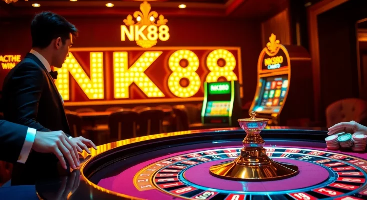 NK88 players enjoying a lively roulette game amidst stacks of colorful chips and opulent decor.