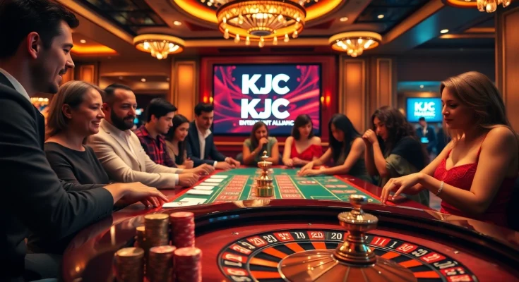 KJC casino players enjoying an exciting game at a luxurious table, surrounded by vibrant atmosphere.