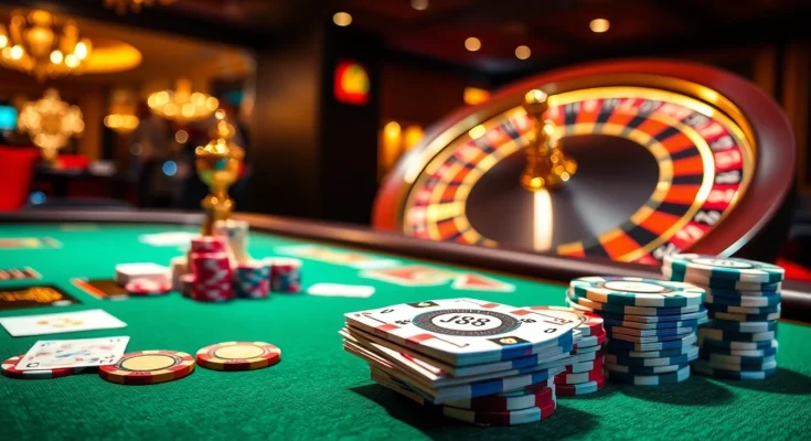 Experience thrilling j88 gameplay at a high-stakes poker table with vibrant chips and professional cards.