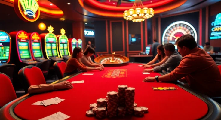 Experience thrilling gameplay at tg88's luxurious casino filled with poker tables and slot machines.