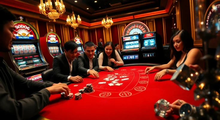 SODO66 casino table with vibrant poker chips and cards, showcasing an exciting gambling atmosphere.
