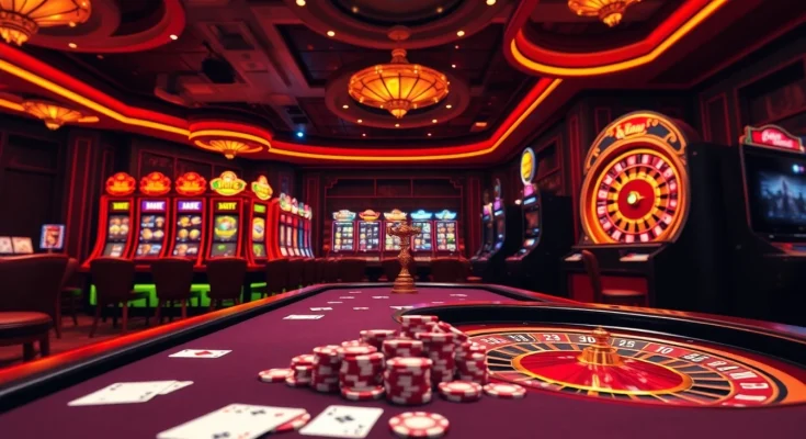 Experience the thrill of online gambling at https://go88app.cn.com/ with vibrant casino visuals showcasing poker tables and slot machines.
