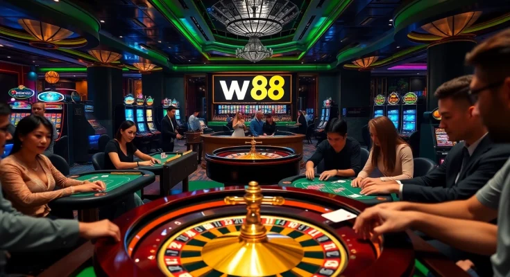 Players enjoying diverse gambling activities at w 88 casino, highlighting poker and slots excitement.