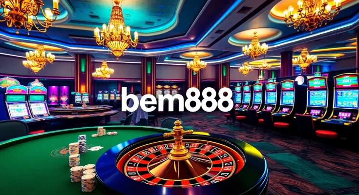 Experience high-stakes poker with bem88 at a luxury casino, featuring polished tables and vibrant atmosphere.