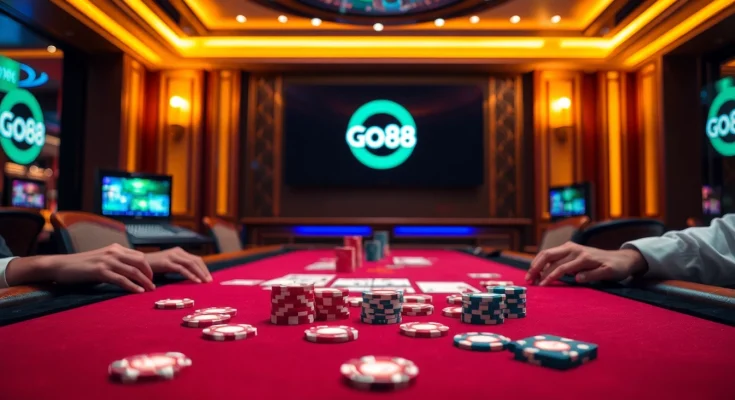 A lively gaming scene at nhà cái go88, showcasing poker chips and cards on a luxurious casino table.