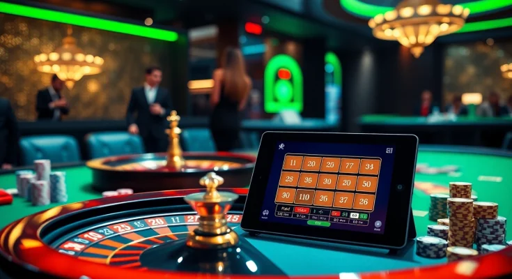 Lô đề trực tuyến gaming scene with a roulette wheel, poker table, and colorful casino chips.