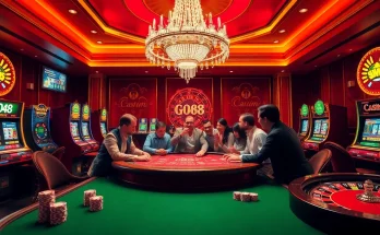 Players enjoying poker at Go88's luxurious casino table, surrounded by dazzling slot machines.