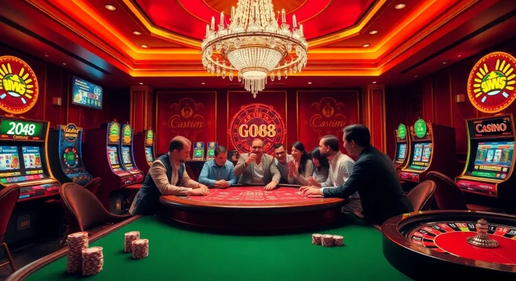 Players enjoying poker at Go88's luxurious casino table, surrounded by dazzling slot machines.
