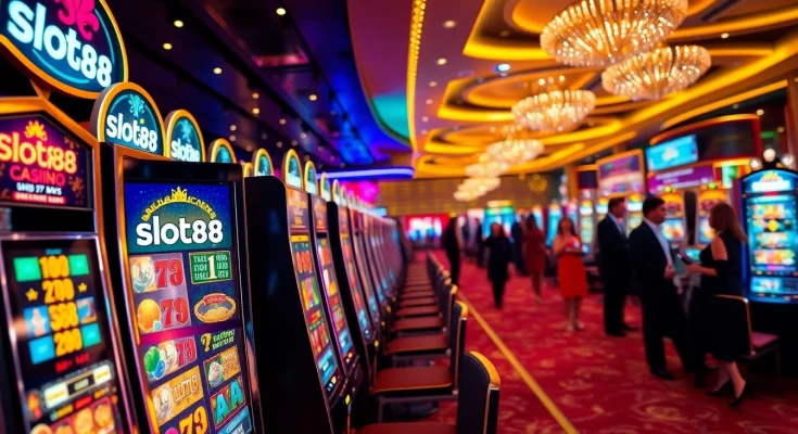 Excited players engaging with the slot88 machine in a vibrant casino scene.