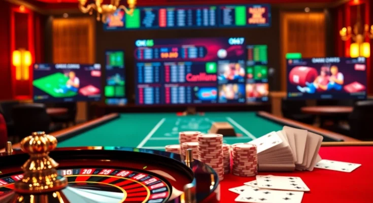 Engaging scene of online gambling at OK365 with roulette wheel, poker chips, and vibrant gaming interface.