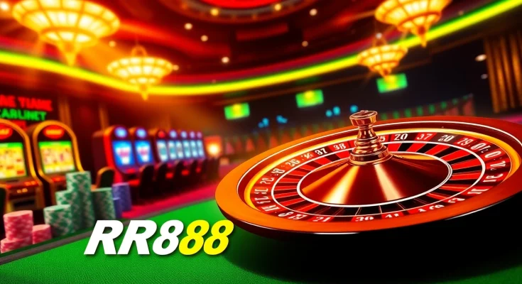 Experience the thrill of online gambling with RR88 amid luxury casino elements like poker chips and a roulette wheel.