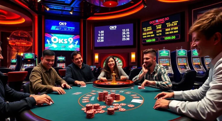 Engaging gamblers at a poker table, showcasing OK9 BÓNG ĐÁ excitement in a vibrant casino atmosphere.
