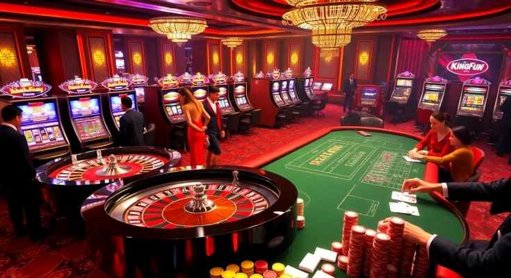 Players enjoy high-stakes gambling at Kingfun's vibrant casino table.