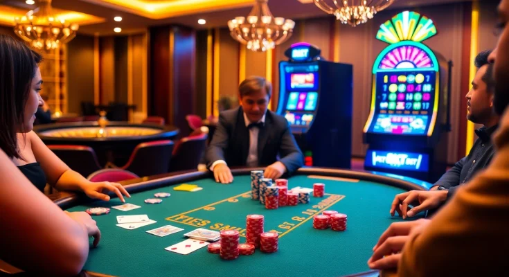 Players engaging at a poker table in an elegant casino scene featuring 8kbet.
