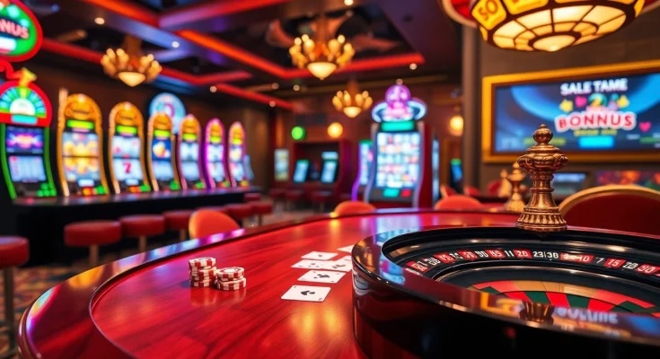 Experience the thrill of slot gacor bonus besar at a luxurious casino with vibrant machines and gaming tables.