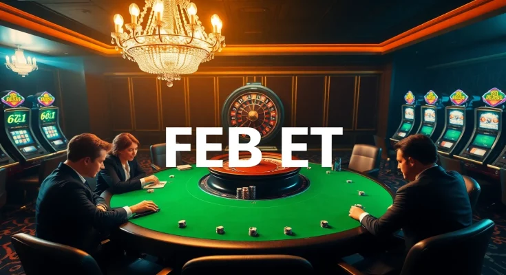FEBET players engaging at a high-stakes poker table in an elegant casino.