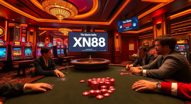 Players engrossed in high-stakes poker at a vibrant casino, showcasing tin tức xn88 updates in an enticing environment.